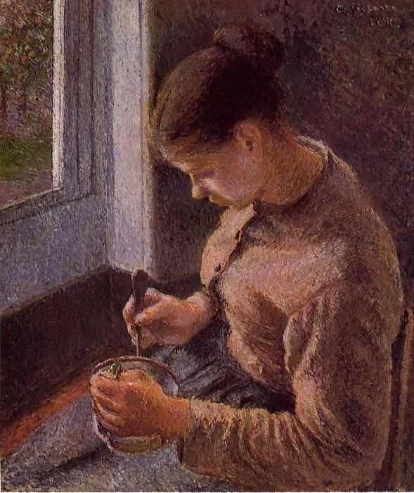   : Breakfast, Young Peasant Woman Taking Her Coffee. (1881), : Pissarro, Camille