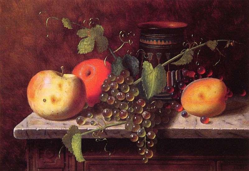   : Still life with Fruit and vase, : Harnett, William Michael
