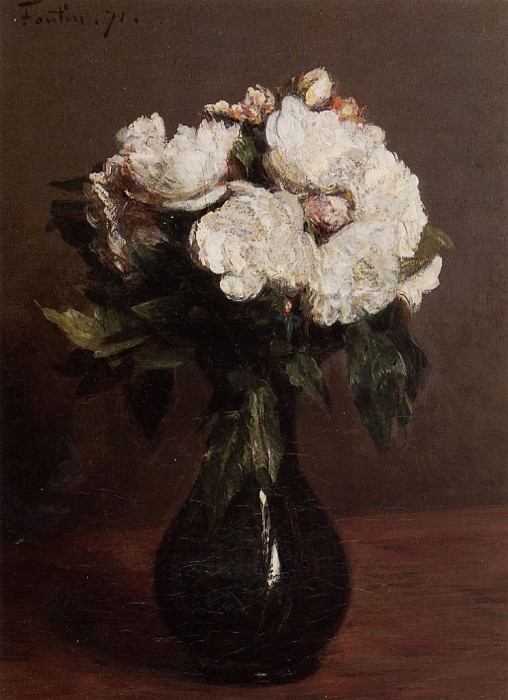 : Fantin Latour Henri White Roses in a Green Vase, : Fantin-Latour, Ignace-Henri-Jean-Theodore