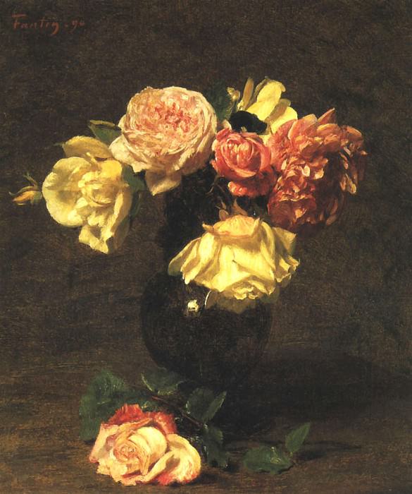 : Fantin Latour White and Pink Roses, : Fantin-Latour, Ignace-Henri-Jean-Theodore