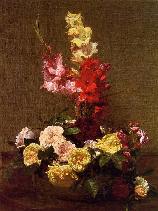 : Fantin Latour Henri Gladiolas and Roses, : Fantin-Latour, Ignace-Henri-Jean-Theodore