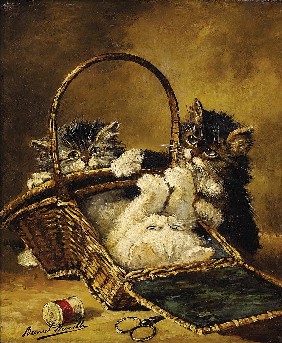 Three Kittens Playing in a Sewing Basket, �����: Neuville, Alfred Brunel De