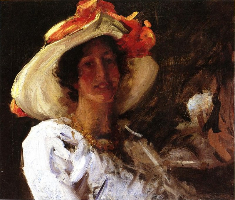  : Chase William Merritt Portrait of Clara Stephens Wearing a Hat with an Orange Ribbon, : Chase, William Merrit
