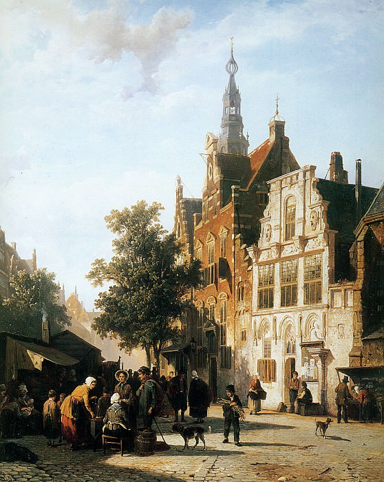 Springer Cornelis Marketview with cityhall Woerden Sun, : Springer, Cornelis