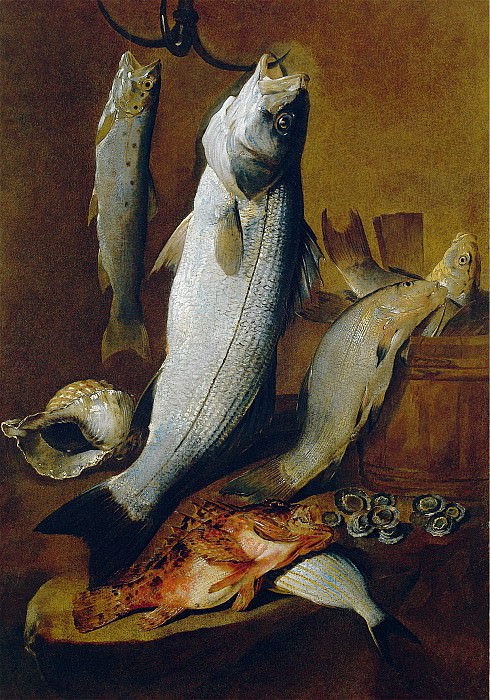 Giovan Battista Ruoppolo   Still life of Fish with Char Bass Rockfish sea Bream and Shells   17941 203, Artist:  ,  2 -- European art, part 2