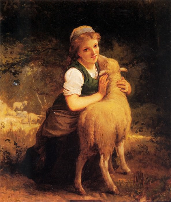   : Munier Young Girl with Lamb, : Munier, Emile