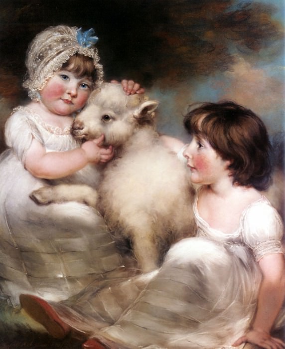   : Russell John Portrait Of Miss E And Miss L Earle With A Lamb, : Russell, John