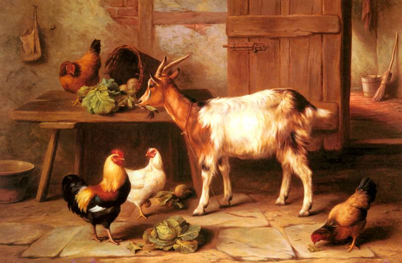 Изображение в архиве: Hunt Edgar Goat And Chickens Feeding In A Cottage Interior, Автор: Hunt, Edgar