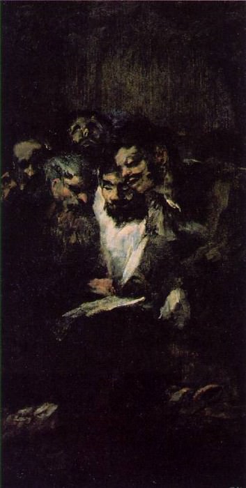 Goya Men reading, ca 1819-23, 126x66 cm, Oil on plaster remo, Artist: Goya y Lucientes, Francisco De
