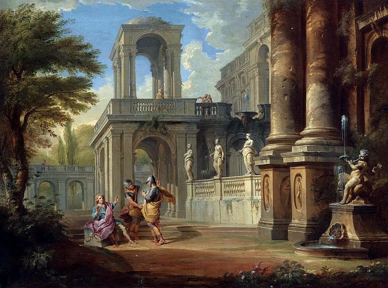    - AN ARCHITECTURAL CAPRICCIO WITH TWO SOLDIERS ADDRESSING A YOUNG MAN, FIGURES ON A BALCONY BEYOND