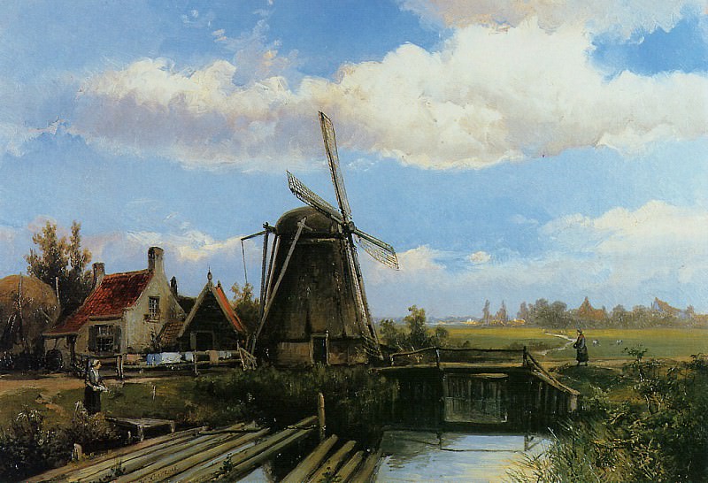 Koekkoek Willem Mill in summer polderlandscape Sun, : Koekkoek, Willem