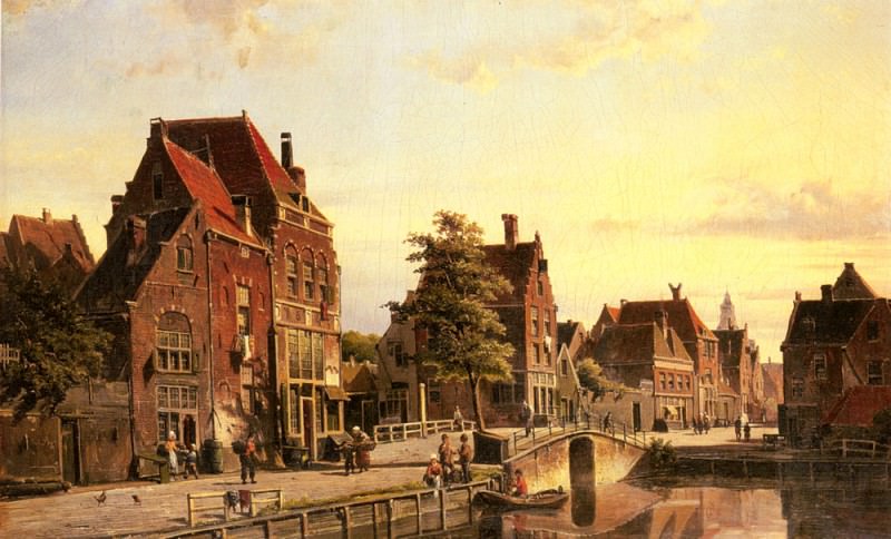 Koekkoek Willem Figures By A Canal In A Dutch Town, : Koekkoek, Willem