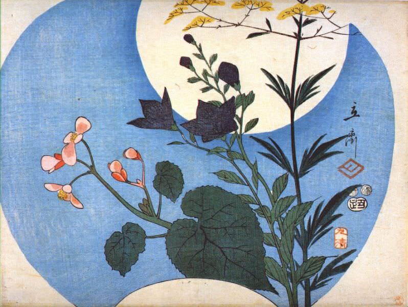 hiroshige autumn flowers in front of full moon 1853, Автор: Hiroshige