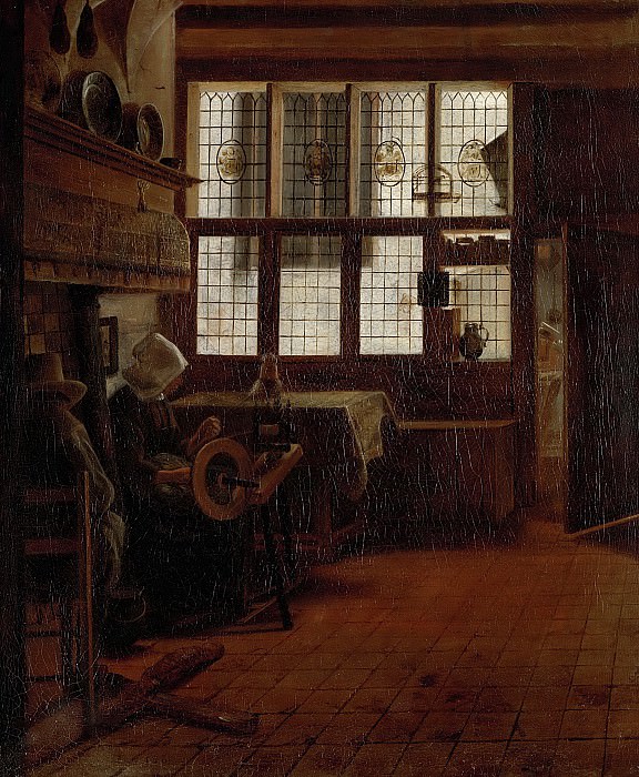 : 2 - Boursse, Esaias -- Interieur met vrouw aan spinnewiel., 1661