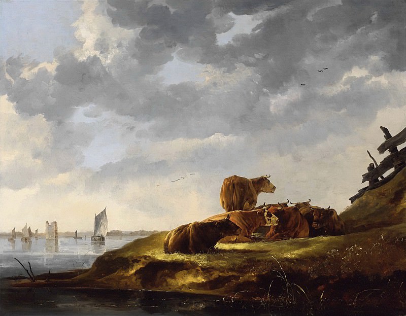 Пейзаж с семью коровами у реки и руинами башни Мерведе. Альберт Кёйп