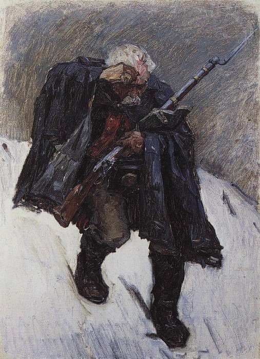 Старый солдат, спускающийся по склону снежной горы. 1898. Василий Иванович Суриков